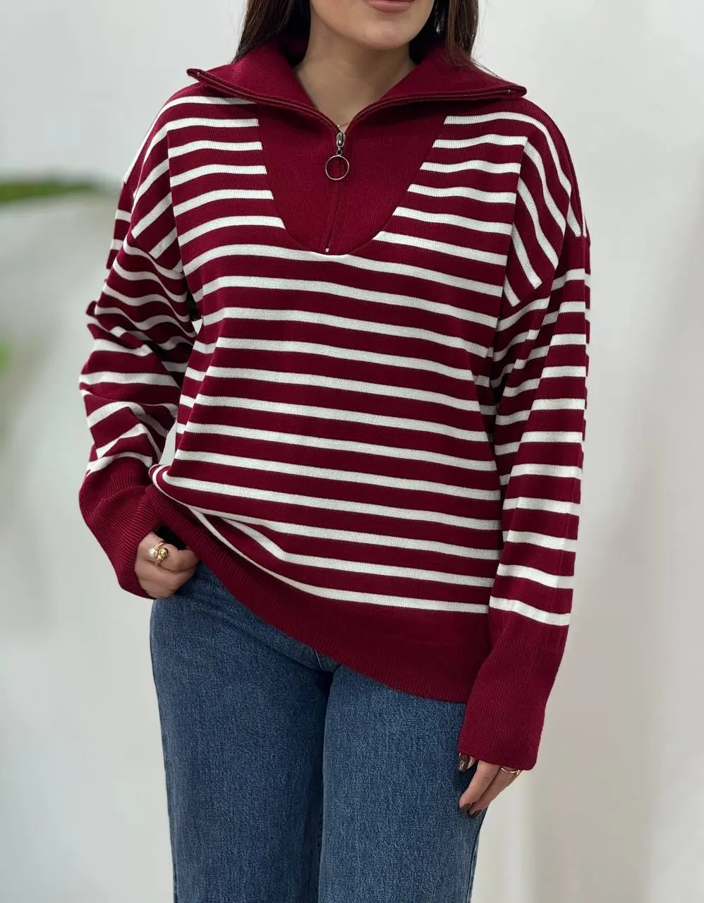 پلیور بافت ترک یقه زیپ راه راه